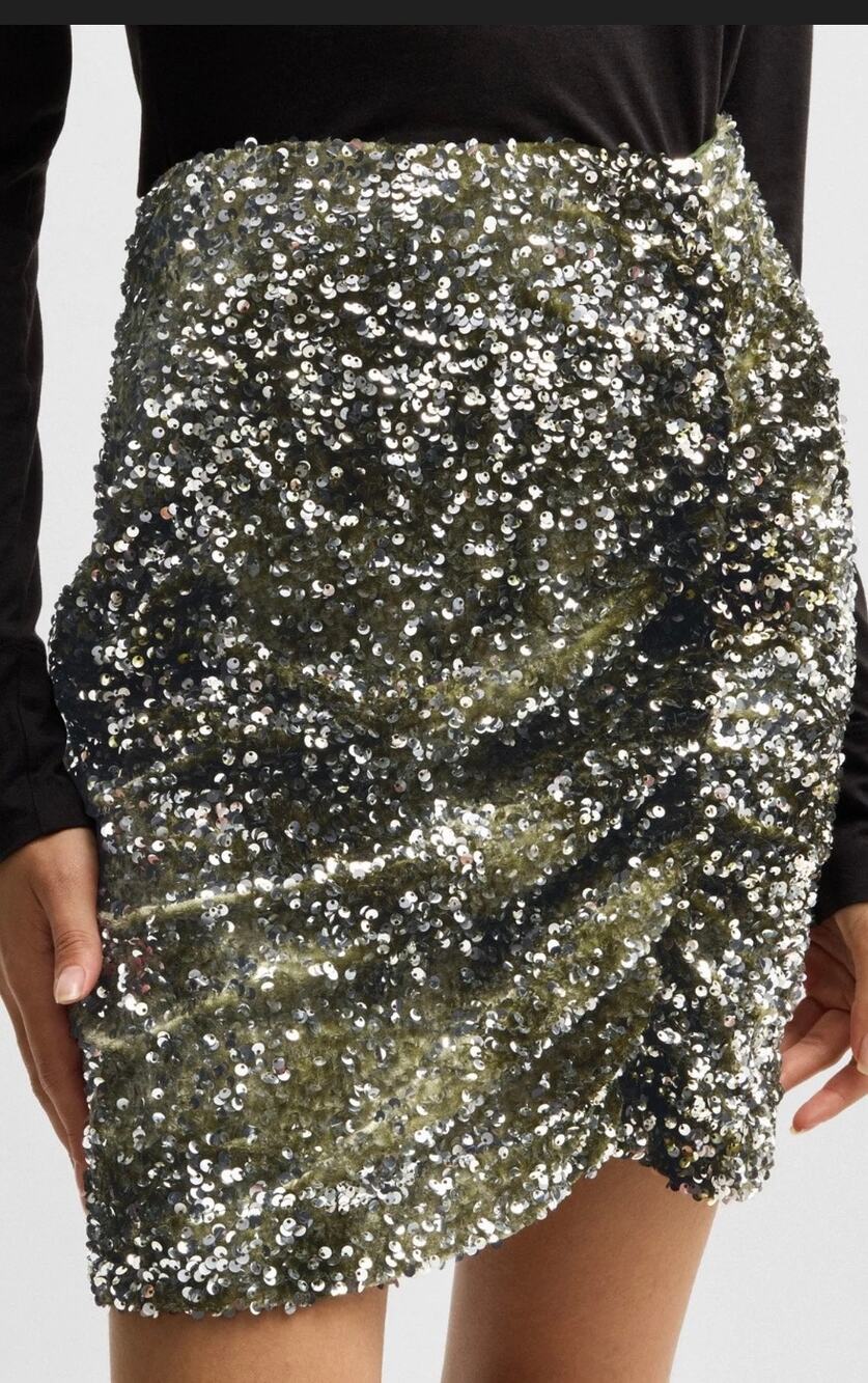 BOSS Khaki Sequin Ruched Velour Mini Skirt NWT Size 6